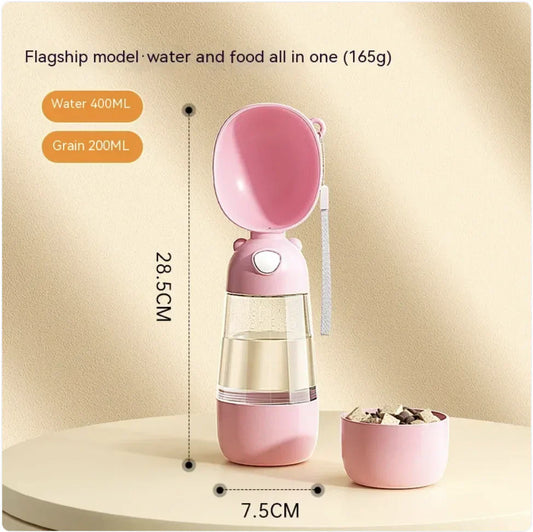 2-in-1 Portable Dog Water Bottle & Food Feeder MMM with built-in dispenser and food compartment for easy pet hydration and feeding on the go. Ideal for outdoor use and travel.