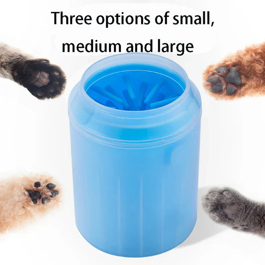 Blue Dog Paw Cleaner Cup shown with various dog paw sizes, highlighting small, medium, and large size options for effective paw cleaning.