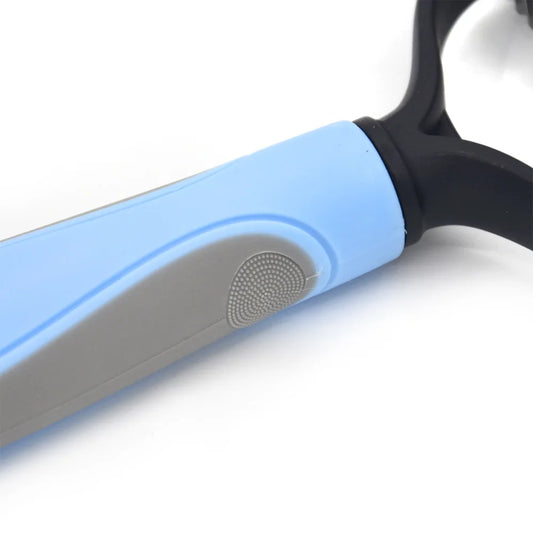 Professional Deshedding & Dematting Brush for Dogs & Cats with dual-sided stainless steel blades and ergonomic blue handle for pet grooming.