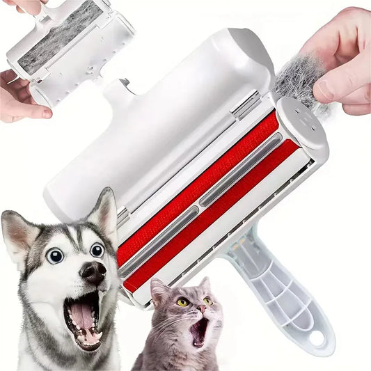 Pet Hair Remover Roller โ Reusable Lint & Fur Cleaner for Cats & Dogs with ergonomic handle and red fabric roller, ideal for sofas and clothes.