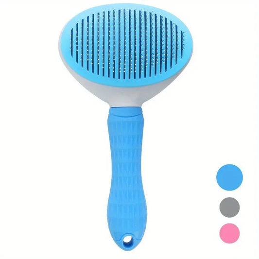 Self-Cleaning Pet Slicker Brush for Cats & Dogs GG with pink handle and retractable bristles for easy fur removal. Ideal for grooming and reducing shedding.