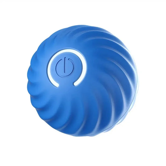 SmartBounceโข automatic interactive moving dog ball in blue, featuring a textured design and LED power button for stimulating dog play.