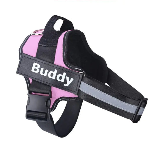 Reflective Adjustable No-Pull Dog Harness for Pets in orange with black straps and 'Buddy' label, ideal for safe dog walking.