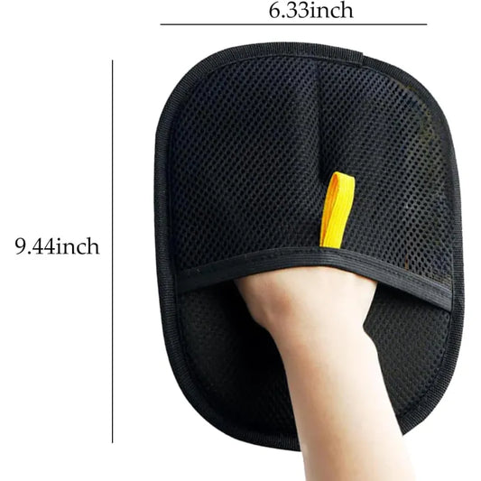 Pet grooming hand pad size guide showing 9.44 by 6.33 inch deshedding glove pad for cats and dogs