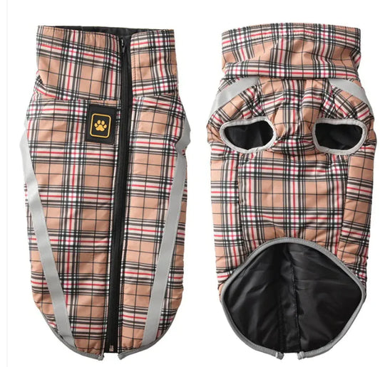 Reflective Dog Jacket โ Waterproof Winter Coat for Large Dogs in bright orange with grey fleece lining and high-visibility reflective strips.