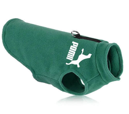 Warm Fleece Dog Vest in brown with white logo, designed as a cozy winter jacket for small and medium dogs. Soft fleece fabric ensures warmth and comfort.